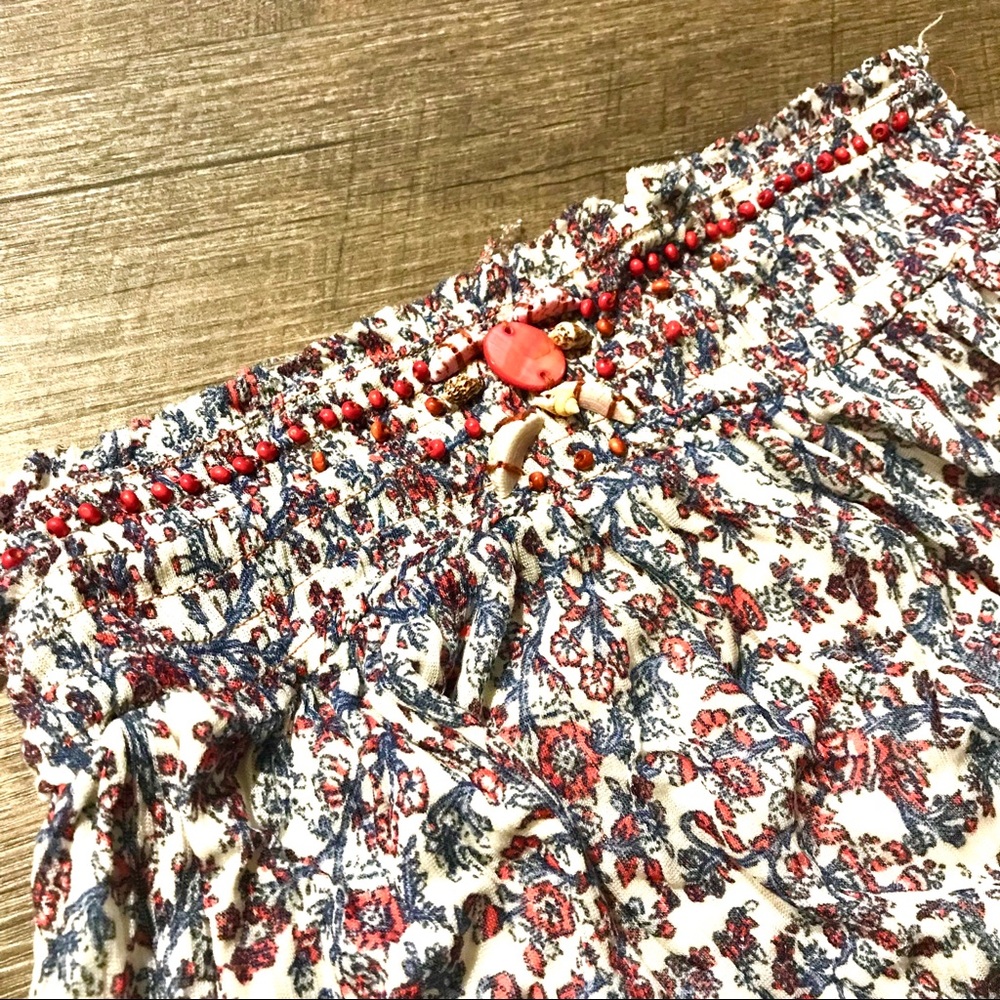 Beaded Blouson Top with Banded Hem + Floral Print